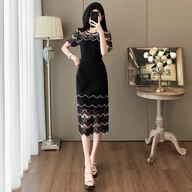 纳凡2025夏季新款超显瘦黑色气质连衣裙女精致优雅蕾丝高级感裙子