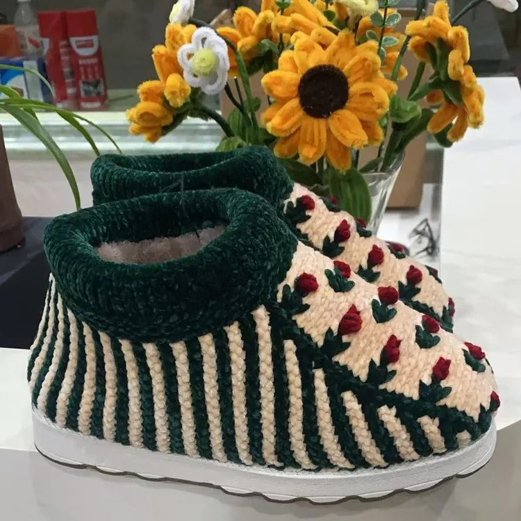 定制款纯手工编织三股光泽绒拖鞋加绒保暖防滑婚嫁情侣居家鞋子