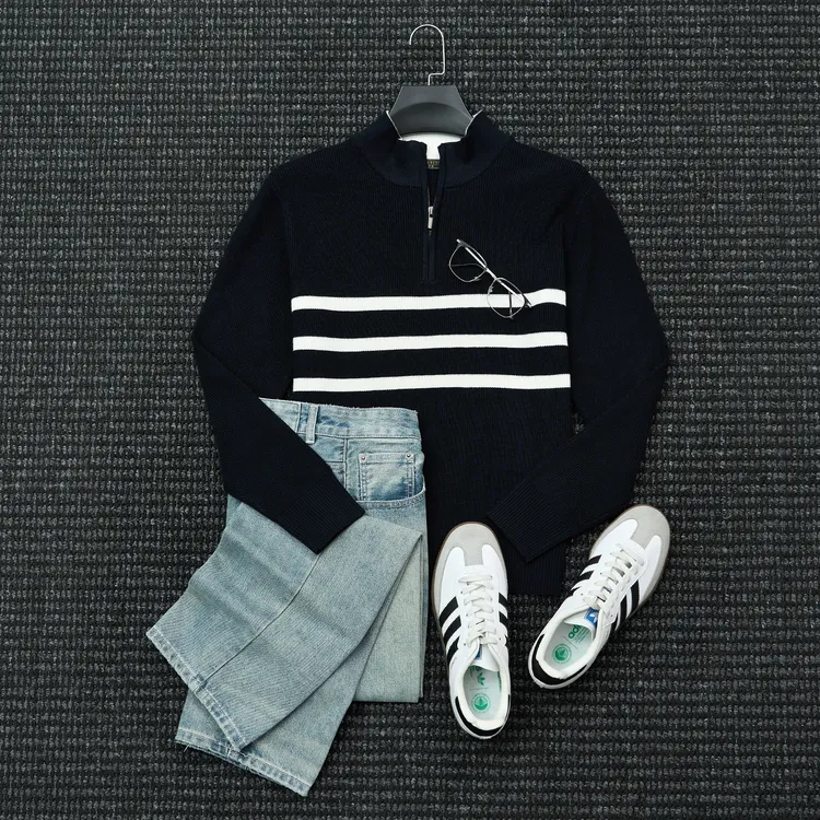 秋冬季高端商务半高领拉链套头针织衫男士重磅保暖条纹撞色毛衣男