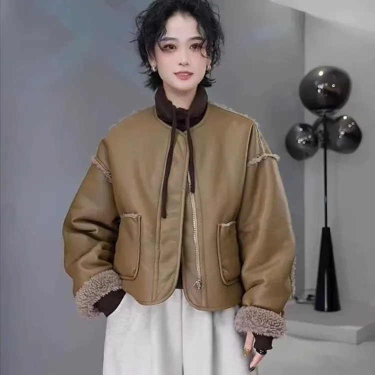 【小禾苗】双面穿短款夹克皮衣外套小个子皮毛拼接圆领保暖机车服
