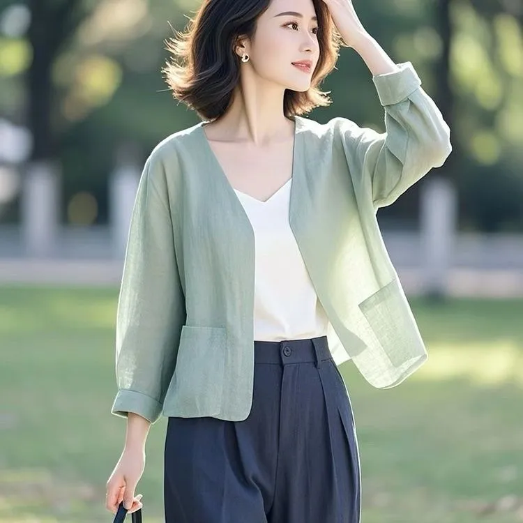 亚麻漂亮轻薄短春夏季薄款宽松外套短款纯色老钱风百搭老钱风女装