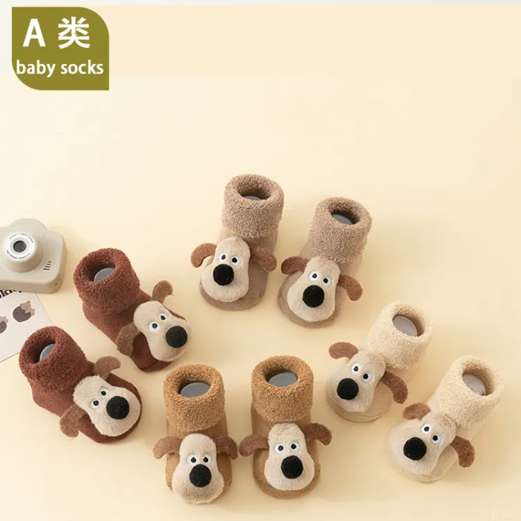 新生婴儿袜子秋冬加绒加厚精梳棉袜子男女宝宝冬季点胶防滑学步袜