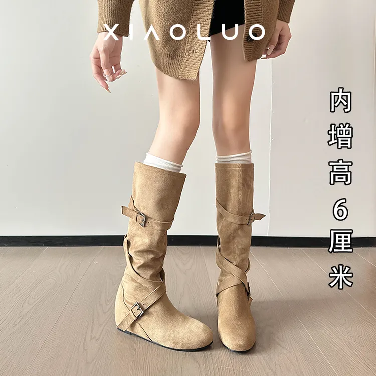 内增高6cm胖MM长筒靴女2025年秋冬新款软皮加宽筒百搭骑士长靴