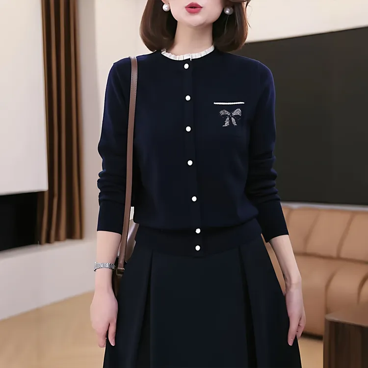 设计感蝴蝶结印花针织衫女2025秋冬新款蕾丝拼接假两件百搭上衣潮