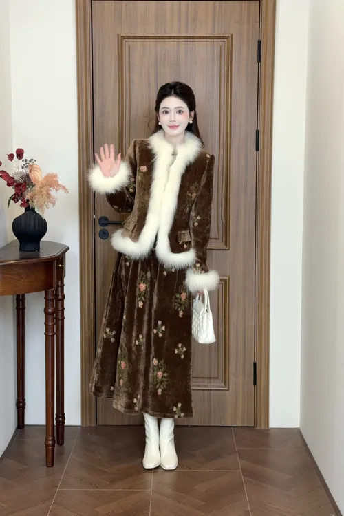 LiLi李李家【糖炒栗子】复古风栗棕色羽绒服套装XMZH10869XMZH10870