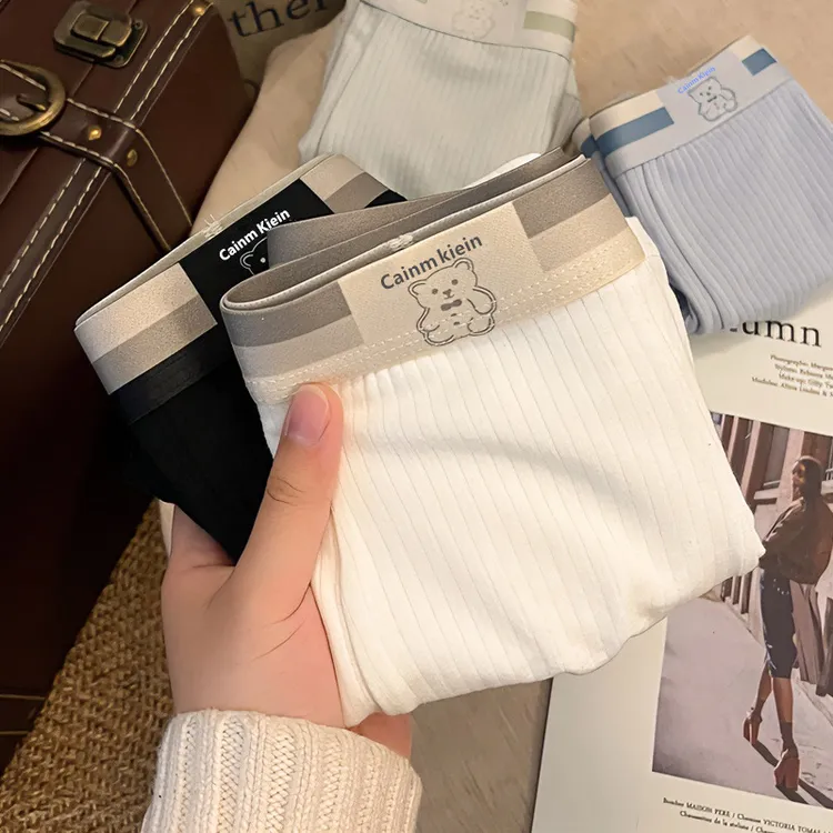 男士小熊平角内裤条纹透气薄款中腰常规男平角内裤百搭无痕韩版