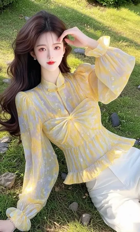 SS957独特超好看新中式黄色衬衫春女装减龄洋气高端别致收腰上衣