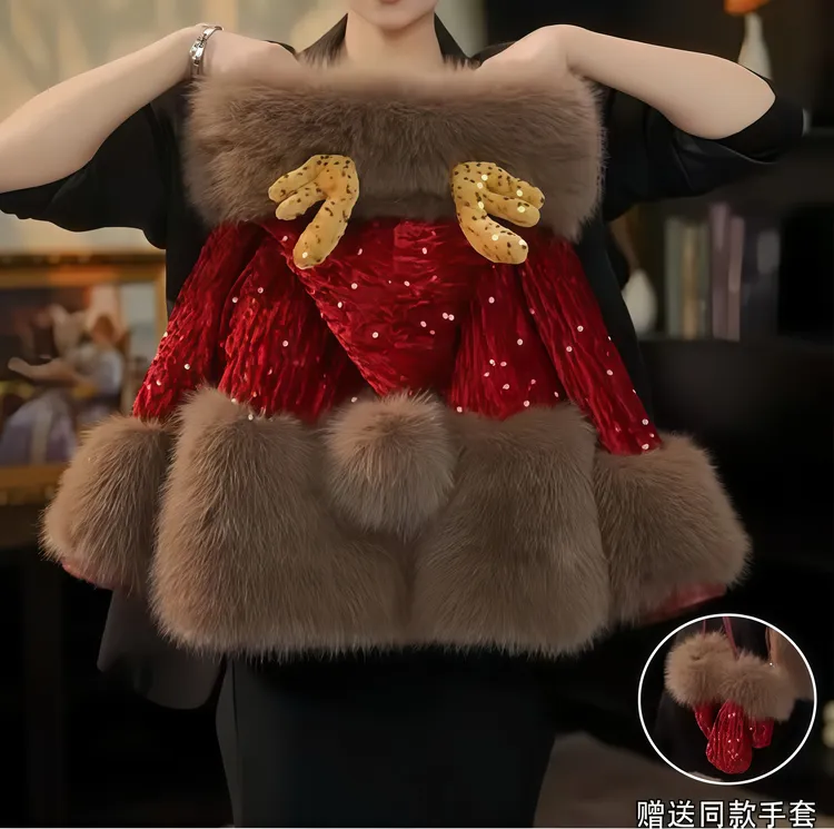 女童冬季加厚外套2025新款大童红色新年服儿童装加绒保暖上衣毛绒