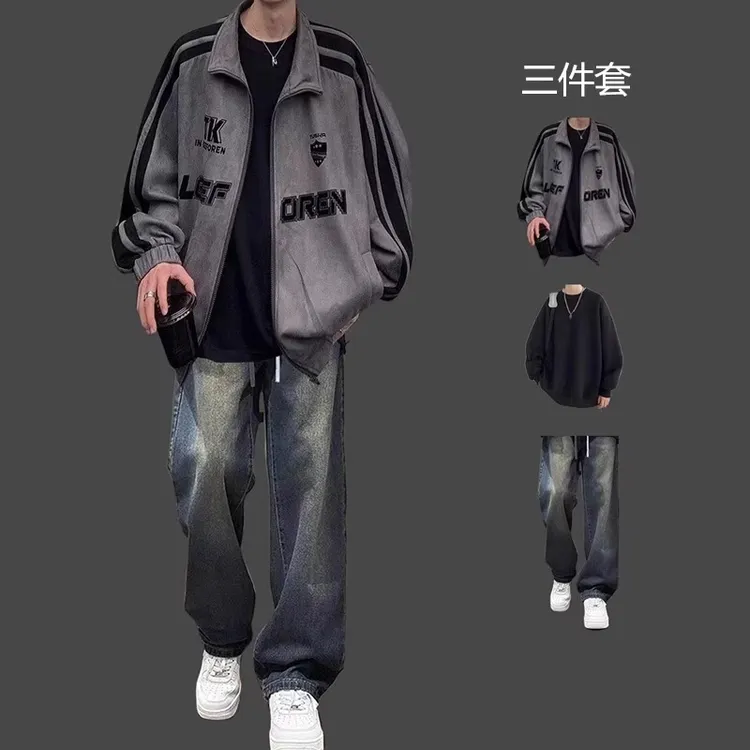 韩版修身男士套装条纹棒球外套春秋潮牌运动夹克潮流一整套男学生