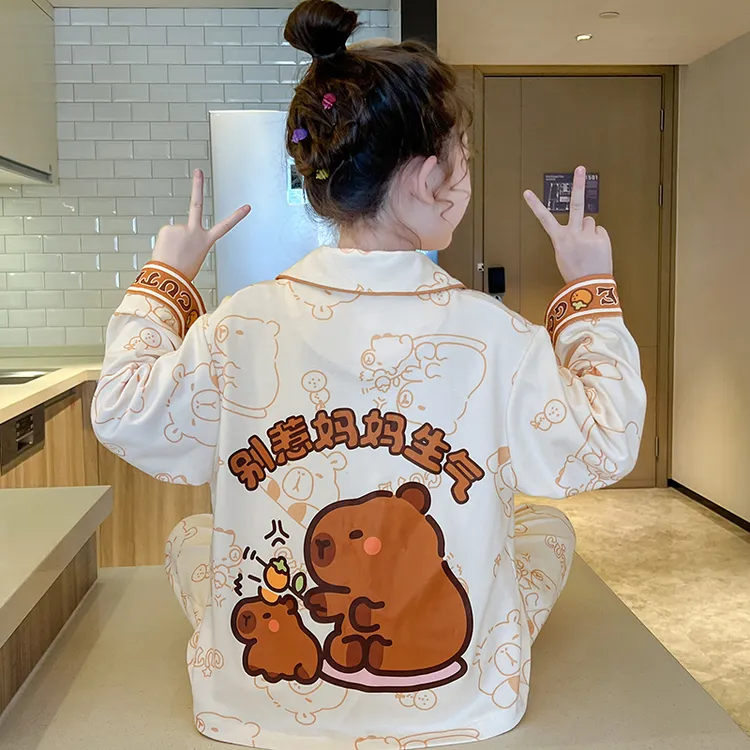 小孩秋天睡衣女孩套装春秋款长袖卡通卡皮巴拉女童6-12岁家居服潮