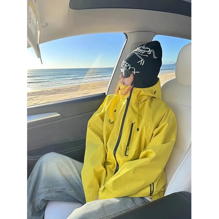 柠檬黄色户外三防外套男女款夏秋季薄款连帽夹克防风防水登山服