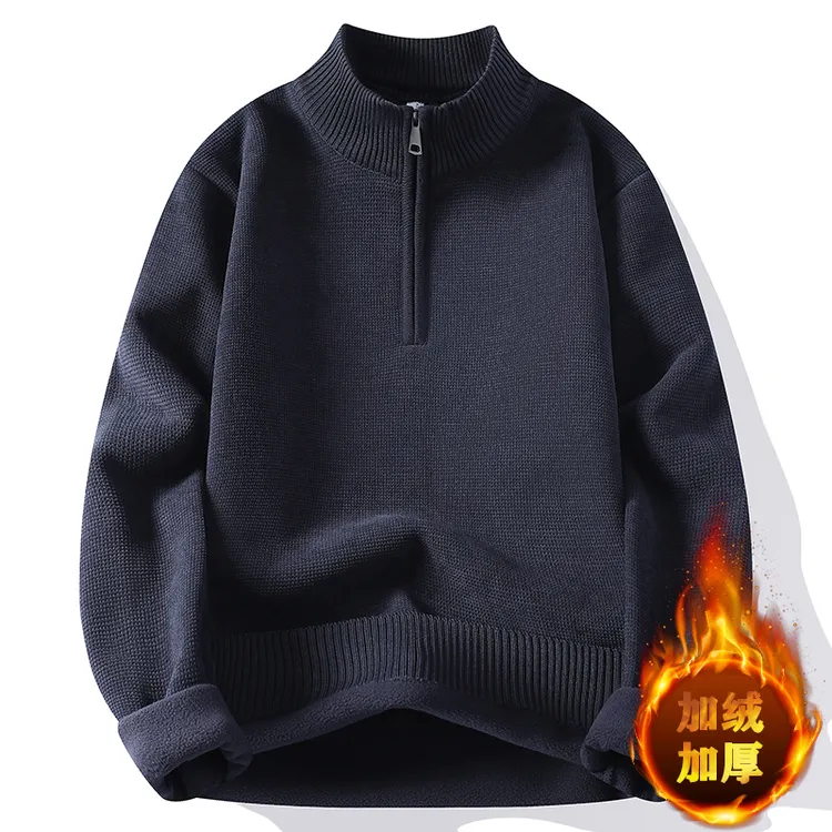 秋冬半拉链针织一体绒毛衣男加绒加厚纯色毛线衣男款半高领打底衫