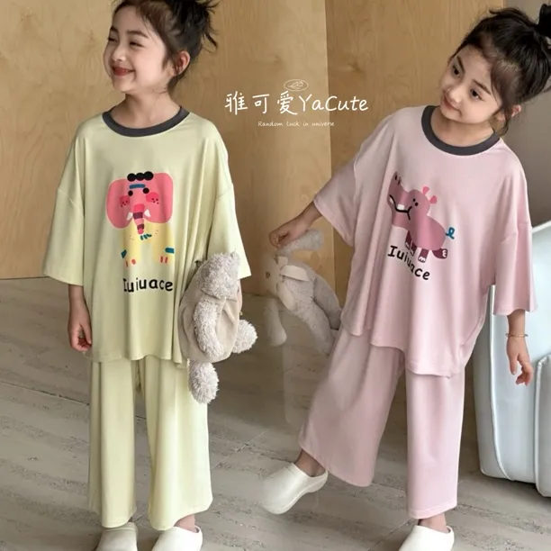 女童睡衣新款2025夏季薄款宝宝莫代尔短袖儿童女孩卡通家居服套装