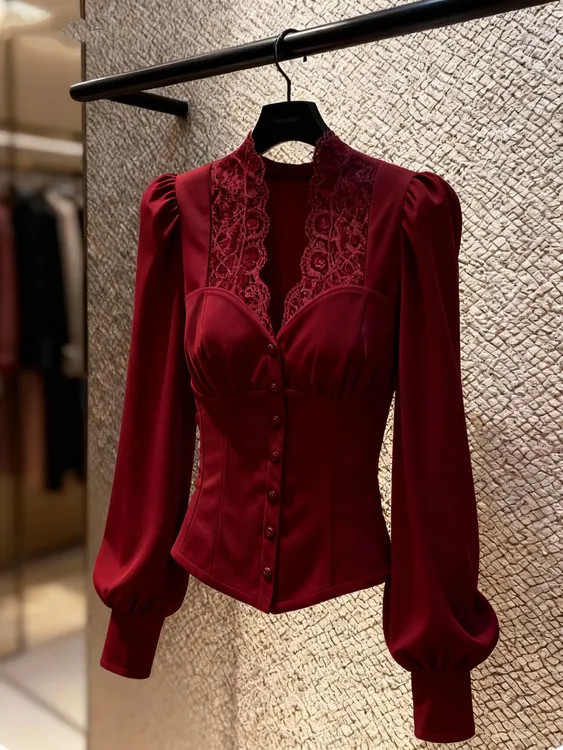 小香风宽松显瘦显白百搭气质衬衫窄袖镂空蕾丝红色上衣女2025新款
