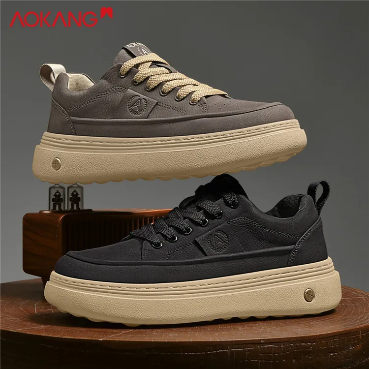 Aokang/奥康男鞋2025秋冬复古百搭潮鞋男生防水耐磨增高休闲板鞋商品图