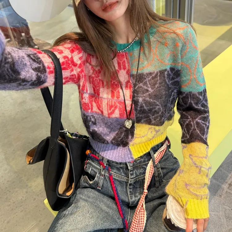 洋气衣服女装网红款小众设计感彩绘拼接撞色毛衣长袖套头宽松上衣