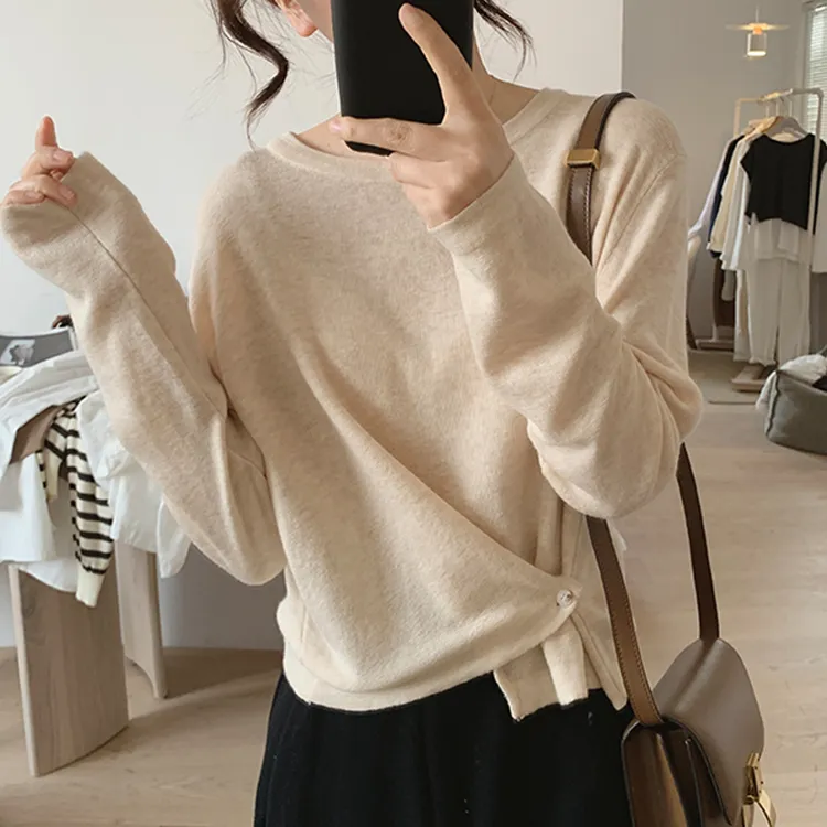 春秋季女装修身圆领长袖针织T恤衫纯色减龄复古显瘦洋气百搭上衣