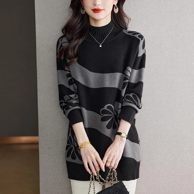秋冬2025新款大码提花中长款毛衣女宽松洋气显瘦半高领针织打底衫