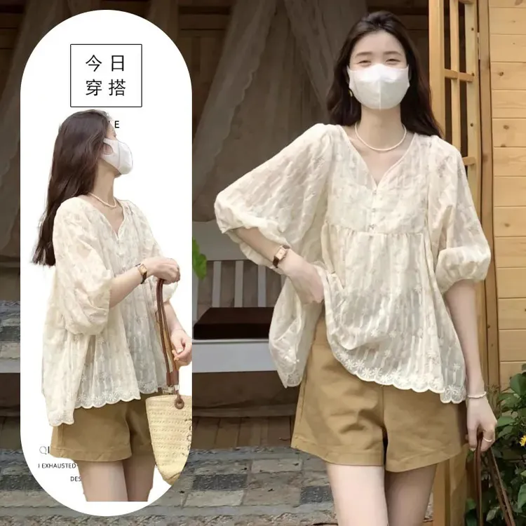 单件/法式甜美V领碎花衬衫装夏季新款短袖泡泡袖上衣阔腿短裤潮流