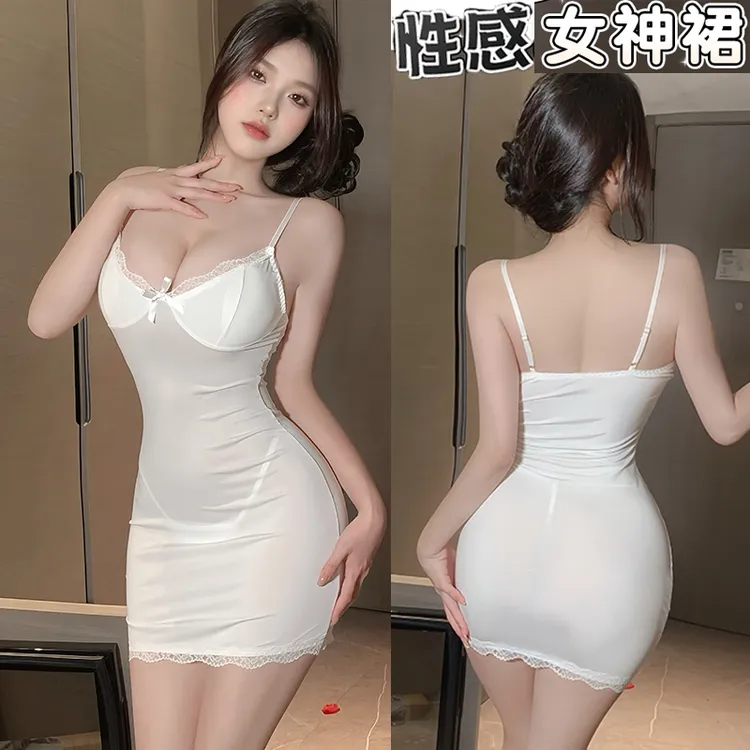 性感蕾丝边吊带睡裙带胸垫纯欲风家居服深V火辣修身打底短裙薄款