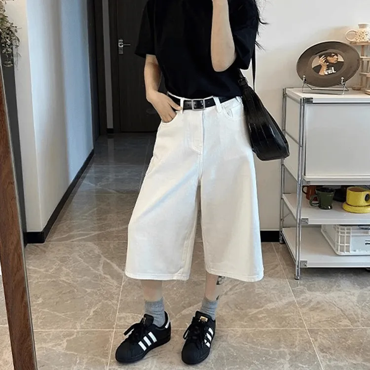 白色直筒七分牛仔短裤女2025新款韩版高腰宽松休闲垂感阔腿中裤子