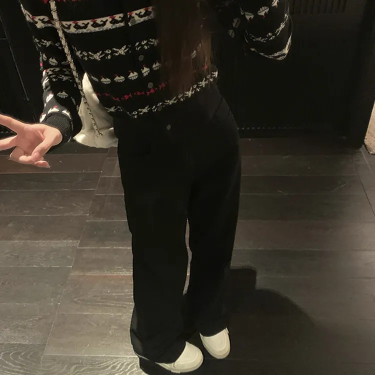 裤长110cm 高个子175加长高腰宽松黑色窄版阔腿牛仔裤女秋冬宽松