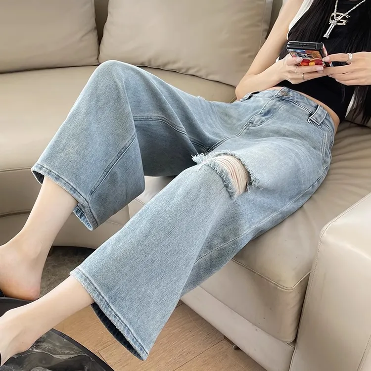 2025新款夏季薄款浅色高腰时尚气质宽松显瘦百搭休闲八分牛仔裤女
