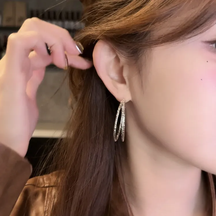 铜合金耳饰 超闪耀亮银色双层大圆圈耳环耳圈女耳钉显脸小耳饰