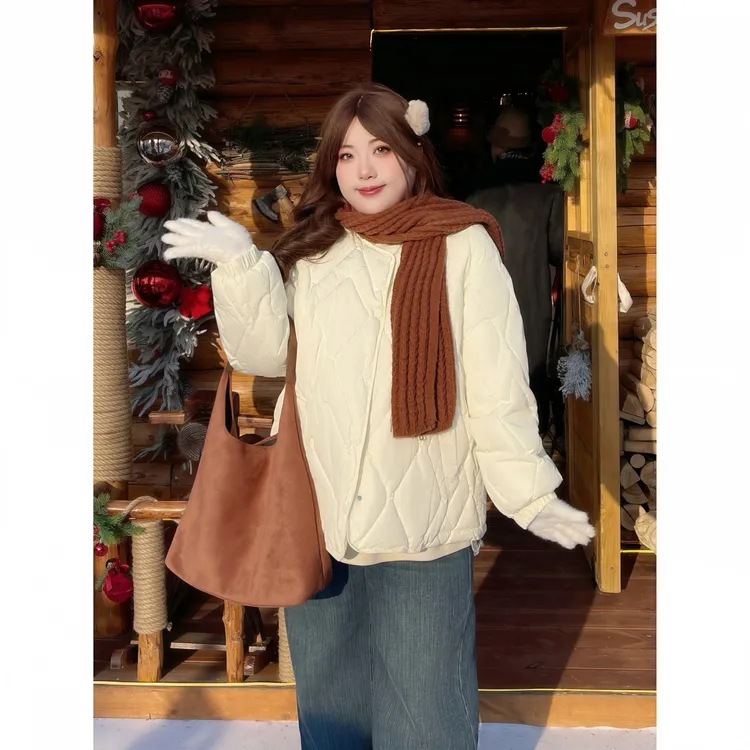 花契“庭绕暖烟”大码女装冬季简约200斤胖mm菱格保暖棉服14138-C