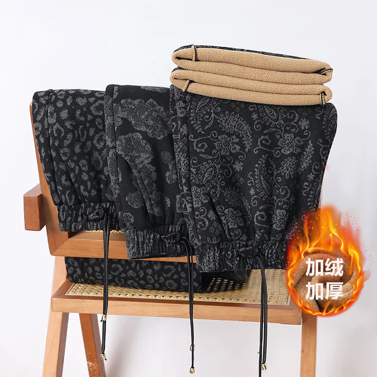 妈妈洋气印花加绒加厚阔腿裤中老年女士宽松保暖高腰长裤冬季裤子