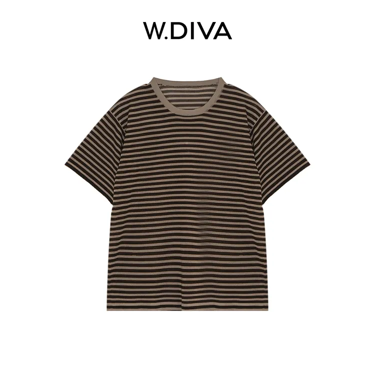 W.Diva【闲序条纹】通勤松软裸感天丝极简横条纹针织衫女52Z172413