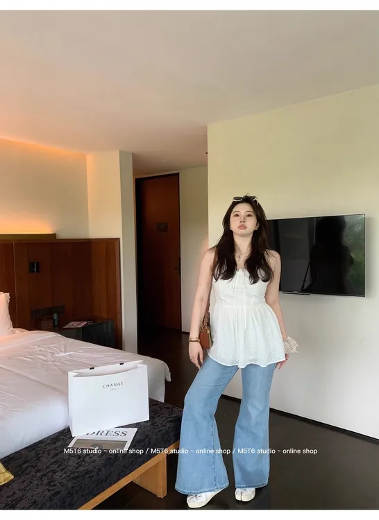 M5T6微胖 甜心小白花/ins风蕾丝系带打揽白色吊带外穿大码上衣