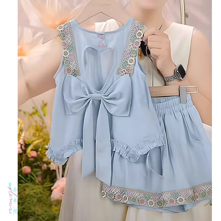 女童镂空无袖短裤套装2025新款夏季娃娃衫刺绣背心蝴蝶结甜美风薄
