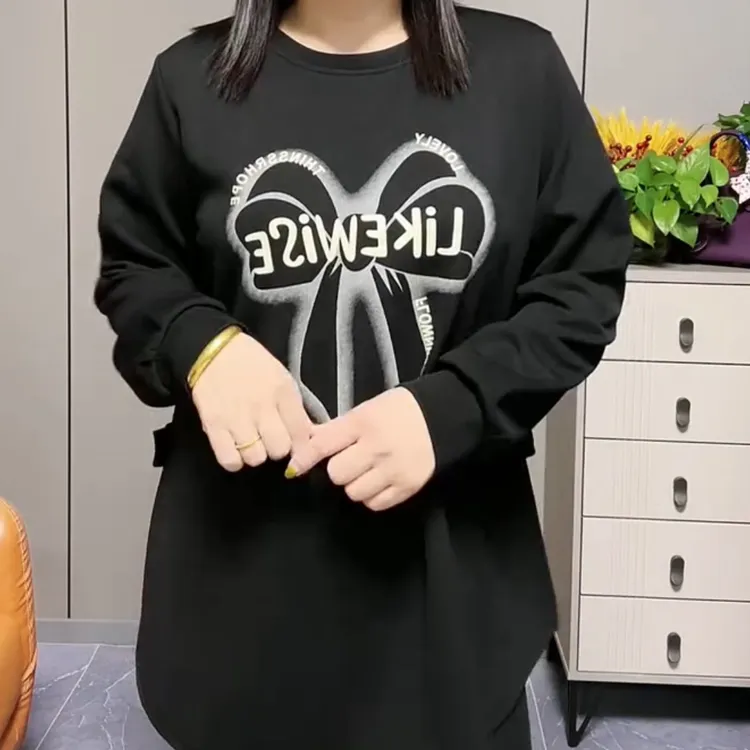 旭6976秋季新款圆领蝴蝶结韩版侧开叉中长款卫衣