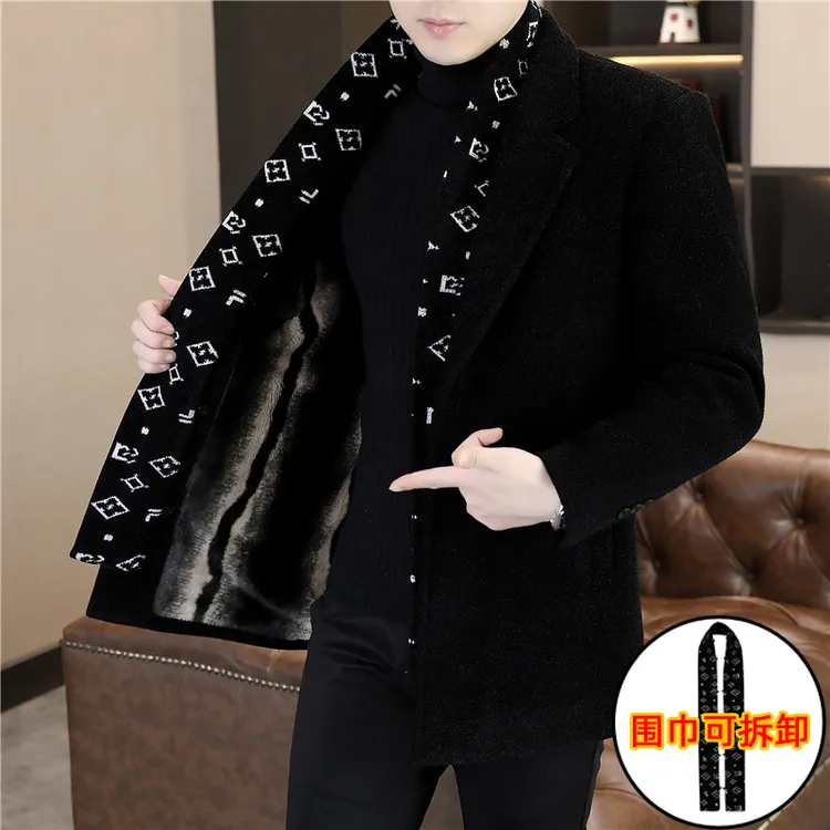 男士西装中长款领加绒毛呢短款修身帅气男装潮流韩版加厚