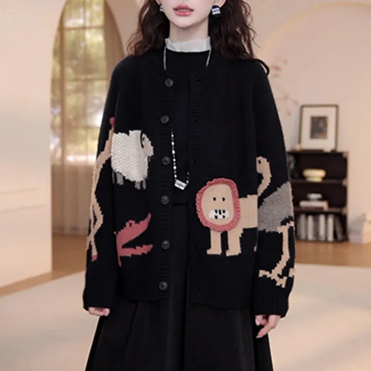 欧货设计感印花长袖针织毛衣外套女2025春秋新款宽松显瘦开衫上衣