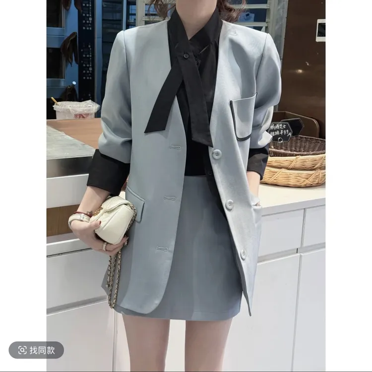 千金学院风西装套装女春季新款假两件衬衫拼接外套半身裙两件套女