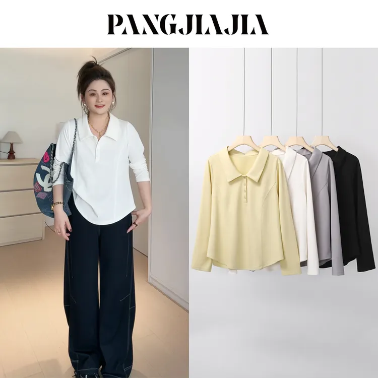 【胖佳佳】现货~经典polo衫 长袖翻领上衣秋季显瘦百搭H625Y03343-1