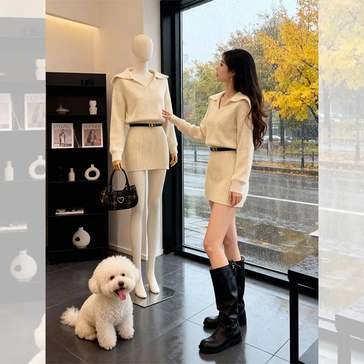 韩系翻领针织连衣裙女2025秋冬新款时尚流行收腰高级感气质短裙子