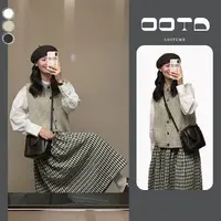 入秋一整套女装2025新款韩版针织马甲长袖衬衫格子半身裙两件套装
