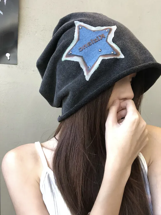 美式复古加大冷帽星星堆堆帽秋冬女薄帽子包头帽y2k套头帽月子帽