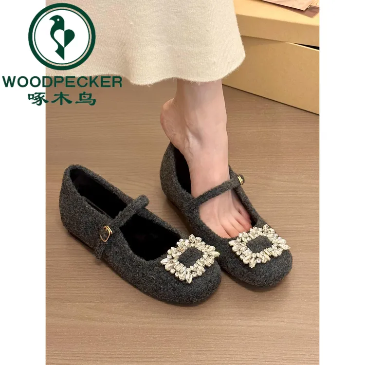 啄木鸟香法珍妮弗！气质水钻方扣内增高玛丽珍鞋女冬加绒厚底单鞋
