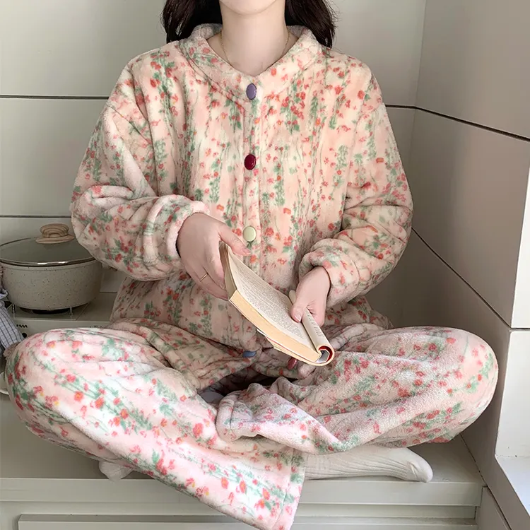 珊瑚绒条纹小熊睡衣女秋冬季加绒保暖法兰绒家居服可外穿套装4144