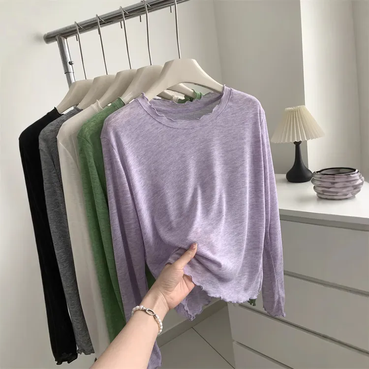 莱赛尔天丝羊毛垂感软糯彩色木耳边长袖防晒T恤女短款夏季空调衫