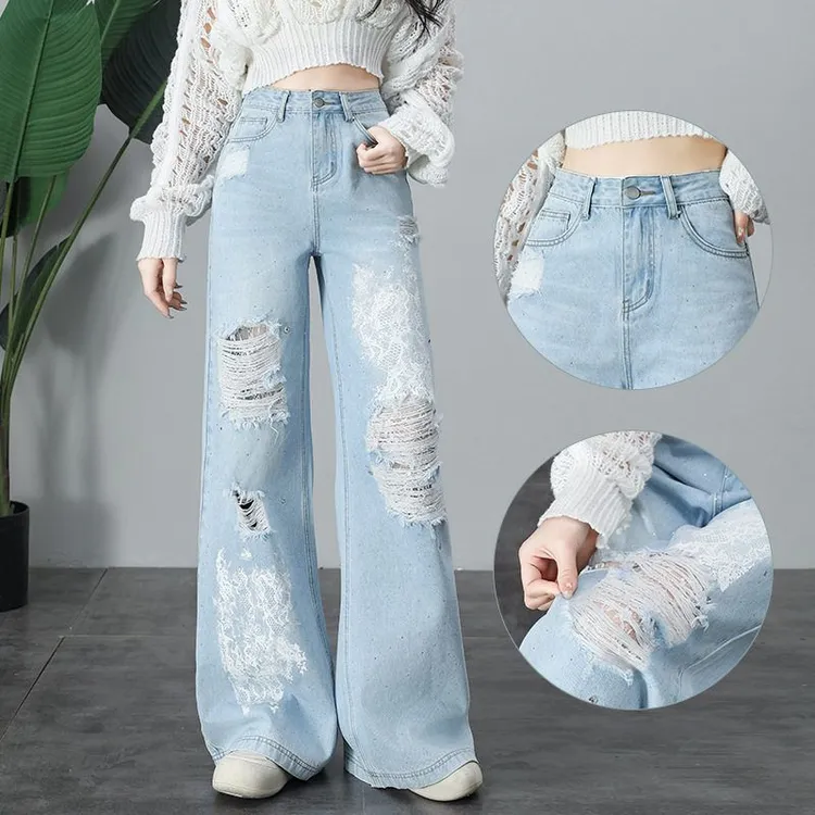 【新中式服装甄选】破洞烫钻蕾丝镂空阔腿牛仔裤女2025春夏季新款