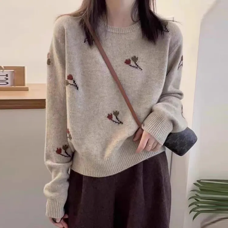 气质温柔提花针织衫韩版内搭保暖圆领毛衣女百搭宽松休闲打底衫