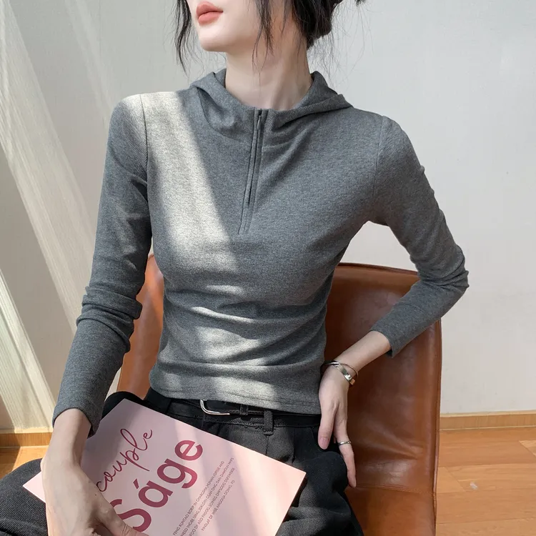 芯娇晴韩版拉链半开领长袖上衣T恤女2025秋新款修身连帽卫衣打底