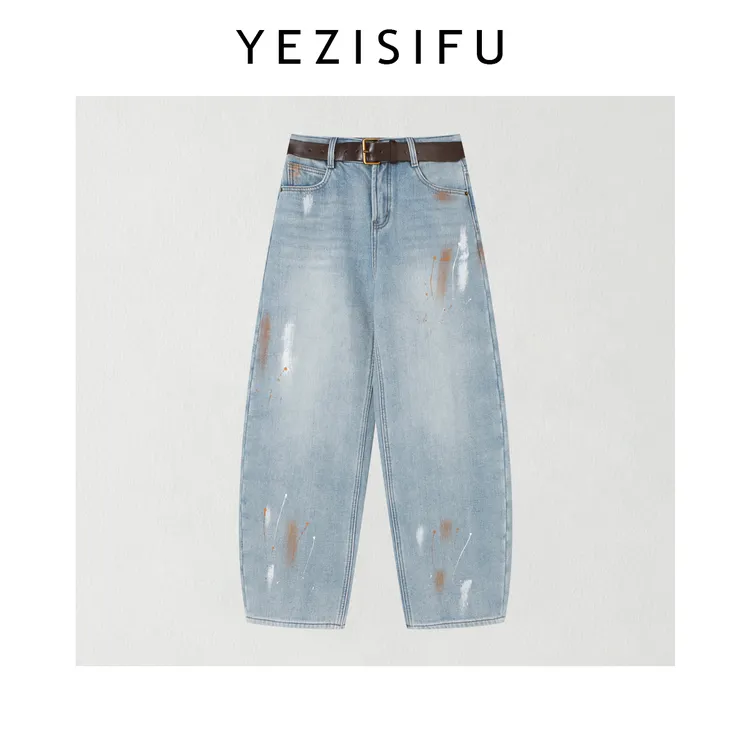 欧尼私服2025冬季新款加绒美式复古手绘涂鸦做旧牛仔裤 2512C9028