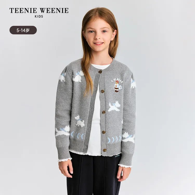 【达人专属】TeenieWeenie Kids小熊童装冬女可爱小狗提花毛织开衫TKCK258T46N