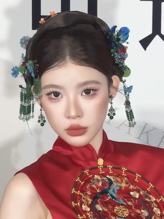 ete新娘头饰中式发簪蓝绿点翠撞色复古绒花秀禾头饰12801